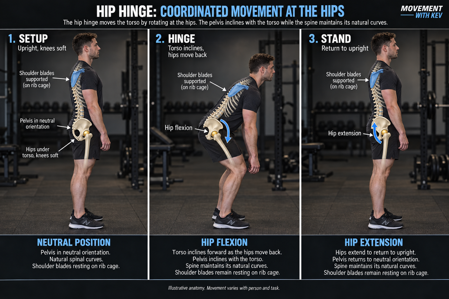 Three photographic anatomy-overlay stages of hinge