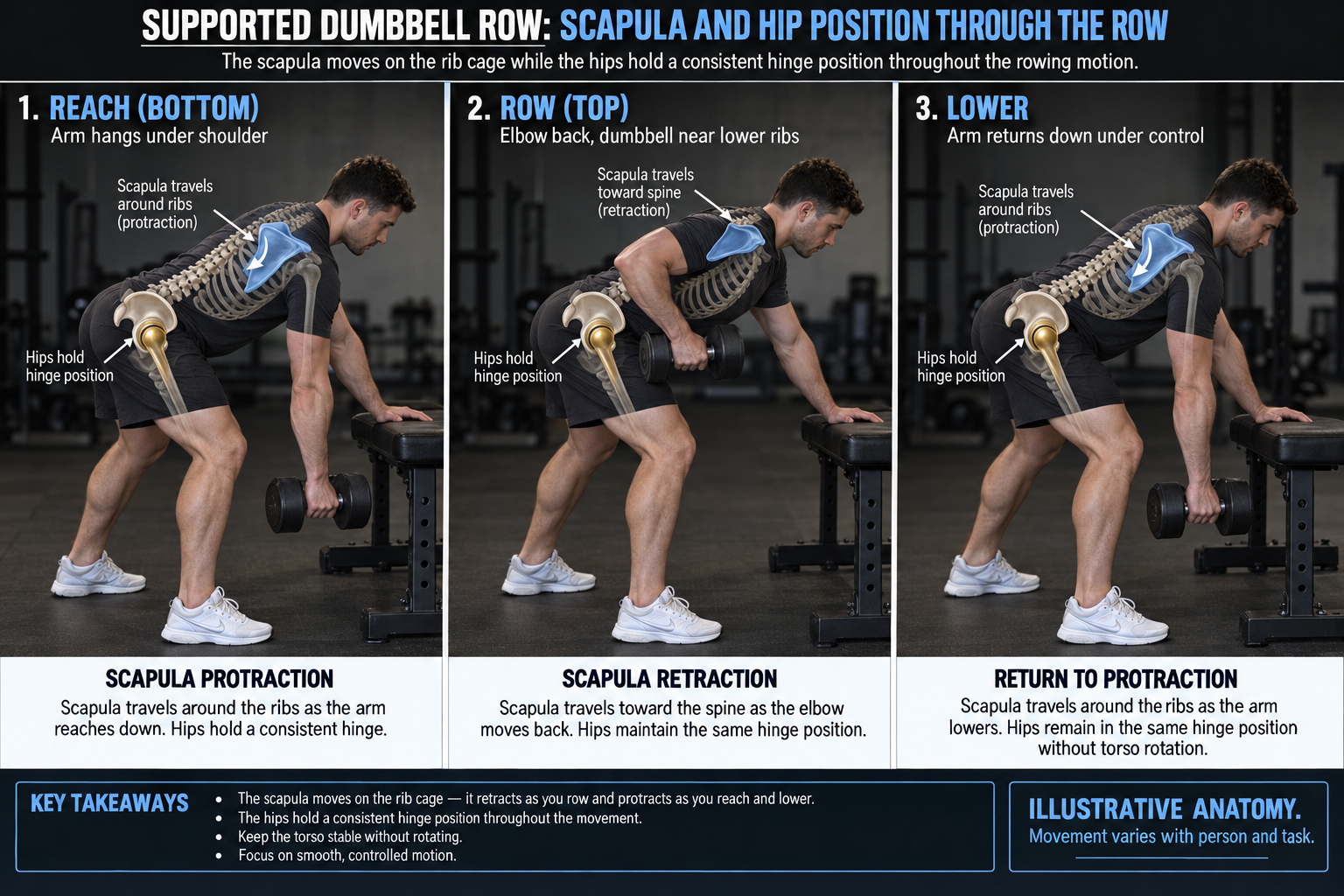Three photographic anatomy-overlay stages of pull