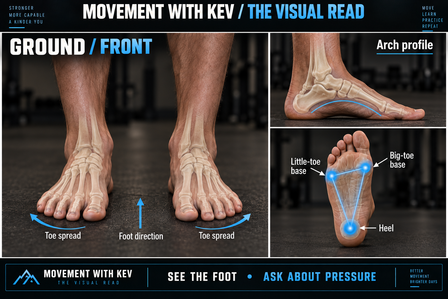 GROUND — FRONT observation diagram: Toe spread / foot direction / arch profile.