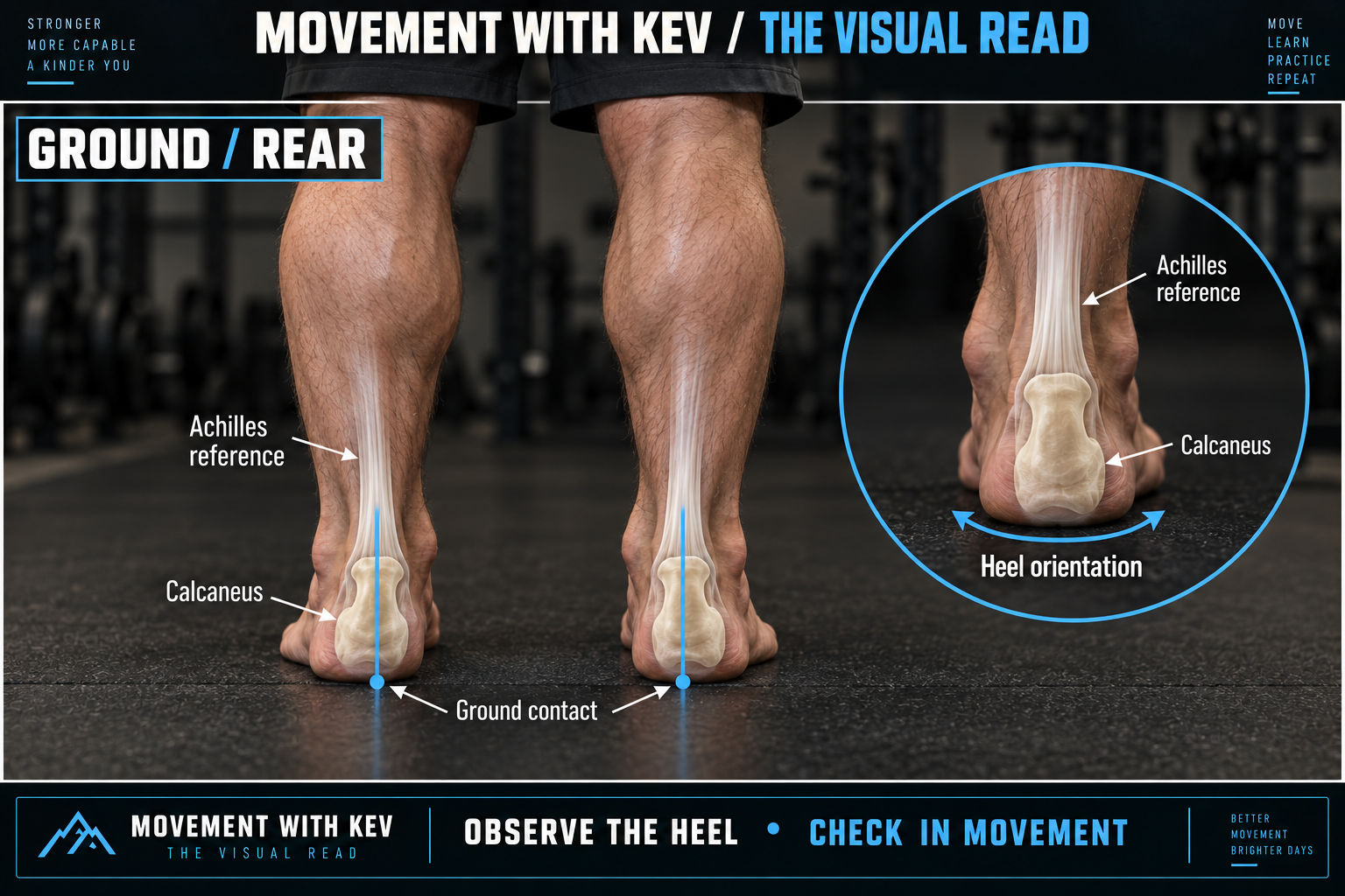 GROUND — REAR observation diagram: Heel orientation / Achilles reference / contact.