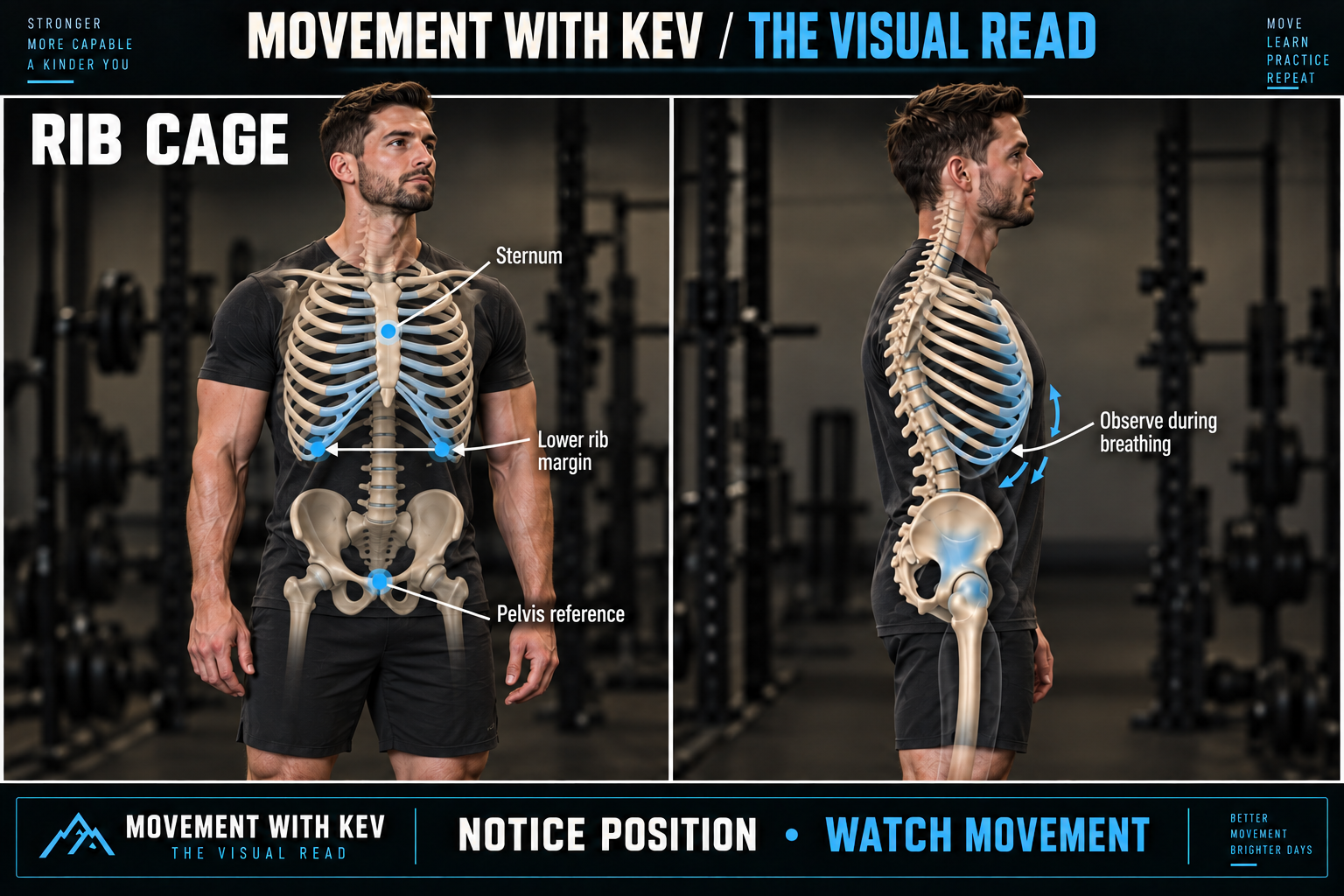 RIB CAGE observation diagram: Lower rib margins / sternum / pelvis reference.